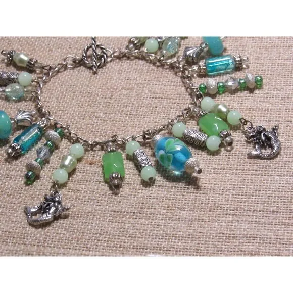 Handmade Mermaidcore Charm Bracelet - Seafoam & Teal Nautical Jewelry - Picture 8 of 10
